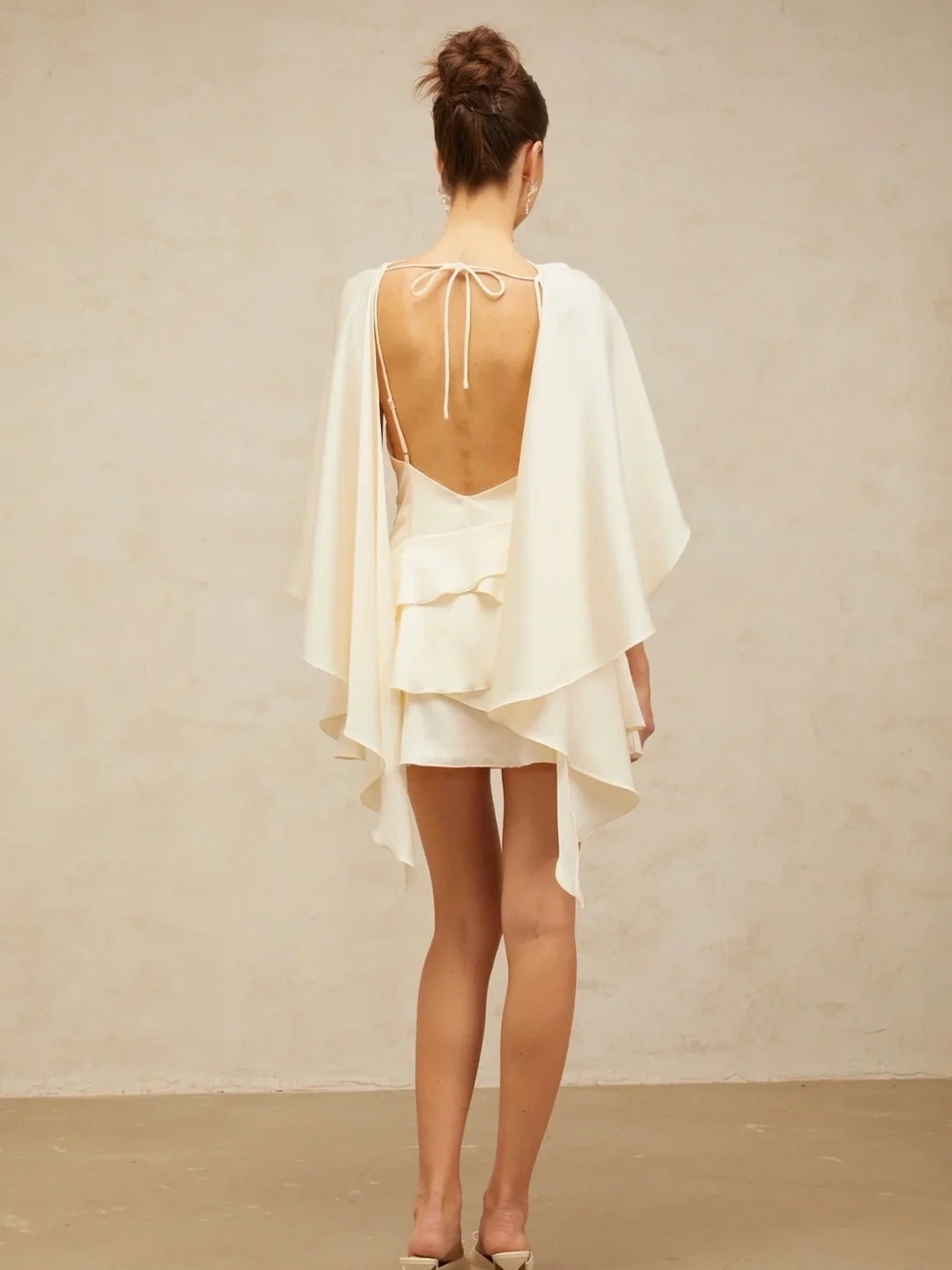 Ivory Layered Mini Dress with Draped Cape
